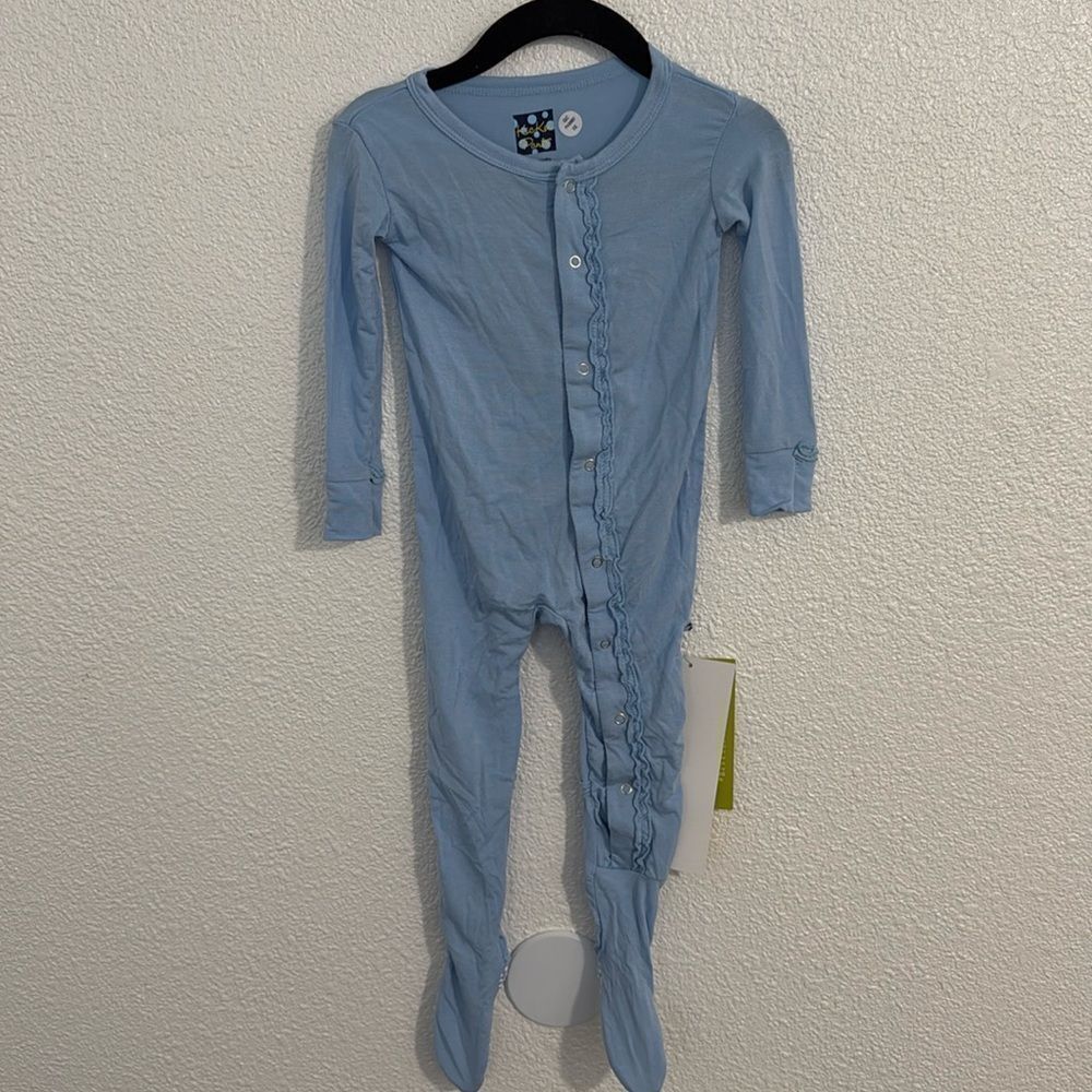 NWT-Kickee Pants-light blue snap footie overall-muffin ruffle -Size 12-18 months